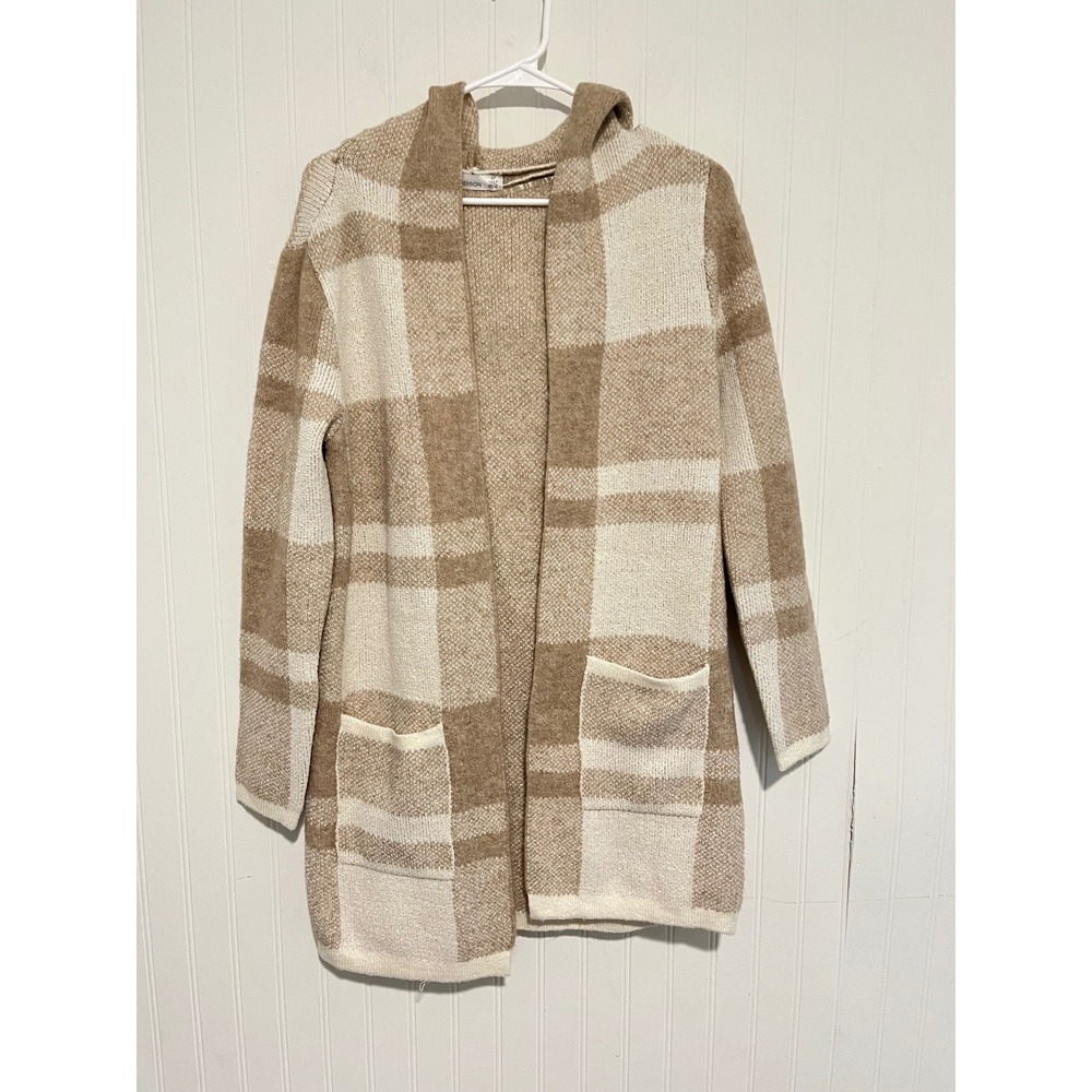 89th + Madison Cardigan Women Small Tan NWT Plaid Hooded Open Front Sweater